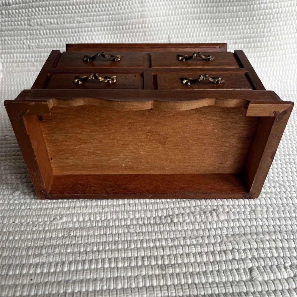 Vintage Wood Jewelry Box Miniature Dresser Chest Blue Lining Mirror Drawer